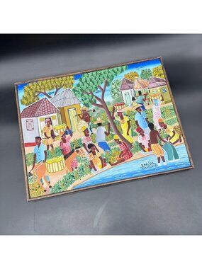 Vintage Oil Painting Haitian Jacksin Mesidor Village Life 1982 Frame Wall Decor